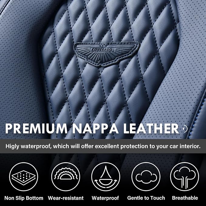 Coverado Seat Covers, Car Seat Covers Full Set, Blue Car Seat Cover, Car Seat Covers Front Seats Back Seat Cover, Waterproof Car Seat Cushion,Leather Seat Covers Seat Protector Universal Fit Most Cars