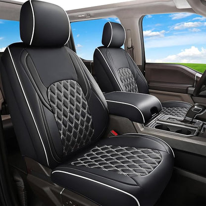 Huidasource F150 Leather Seat Covers Custom Fit for 2015-2025 F150 SuperCrew & 2017-2025 F250 F350 F450 Super Duty Crew Cab XL XLT Lariat King Ranch Platinum(Front Pair/Black&White)