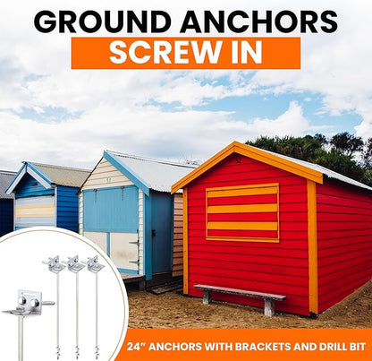 Ground Anchors Screw In - 24" Set of 4,6,8 with Brackets and Drill Bit - Earth Anchors - Mobile Home Anchors - Storage Shed Anchor Kit - Swing Set Anchors for Metal Swing Set - Playset Anchors - Ties