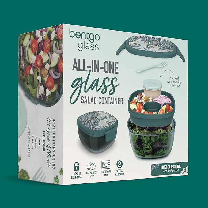 Bentgo Glass Prints All-in-One Salad Container - 61oz Tinted Glass Salad Bowl with Lid, Bento-Style Tray, Sauce Container, & Reusable Fork - Dishwasher & Microwave Safe (Floral Maximalist - Sea)