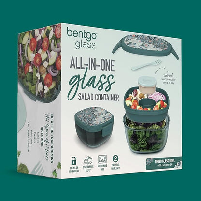 Bentgo Glass Prints All-in-One Salad Container - 61oz Tinted Glass Salad Bowl with Lid, Bento-Style Tray, Sauce Container, & Reusable Fork - Dishwasher & Microwave Safe (Floral Maximalist - Sea)