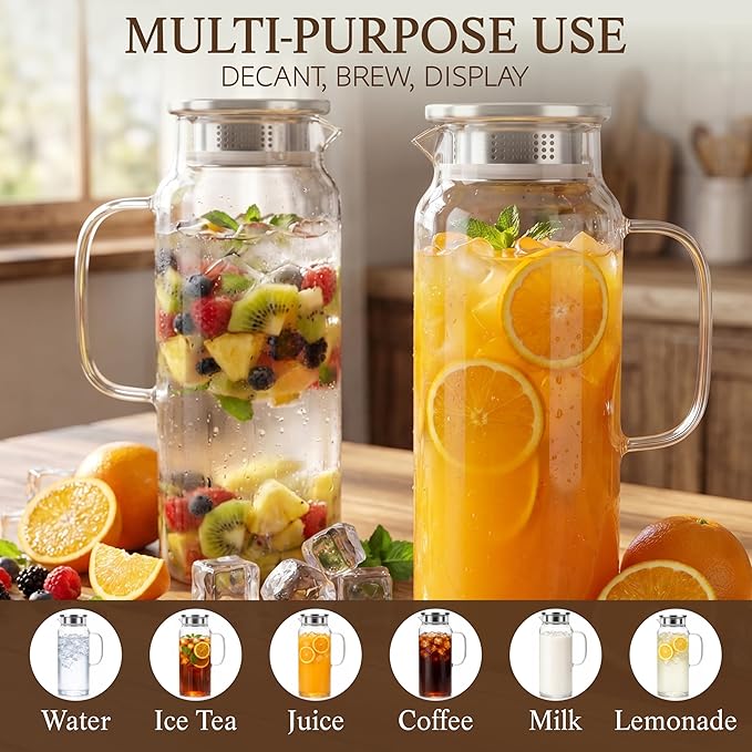 2 Pack Glass Pitcher with Lid and Handle, 68oz 2 Liter Borosilicate Glass Water