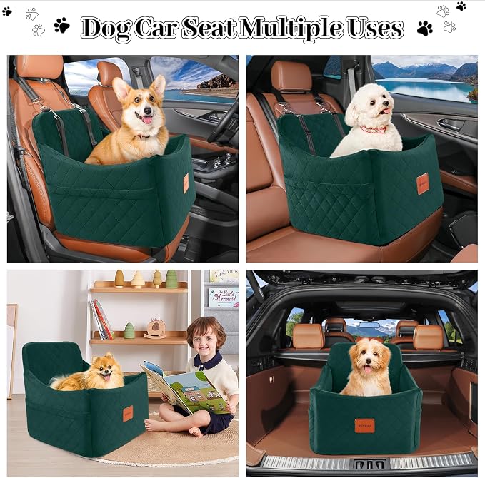 Dog Booster Car Seat for Dogs up to 35lbs, Safety Pet Car Seats with Anti-Slip Bottom, Travel Booster Dog Bed with 2 Storage Pockets (Green, Medium)