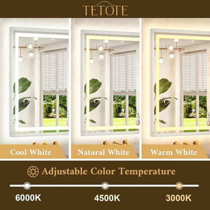 28 x 36 Bathroom LED Mirror Brushed Nickel Metal Frame Frontlit & Backlit Vanity Mirror Anti-Fog Stepless Dimmable 3 Colors White/Warm/Natural Mirror with Lights Wall-Mounted