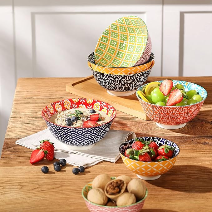 Ceramic Cereal Bowls, 23 Oz Colorful Soup Bowls, Deep Porcelain Bowl Set for Salad, Dessert, Pasta, Ice Cream,Set of 6