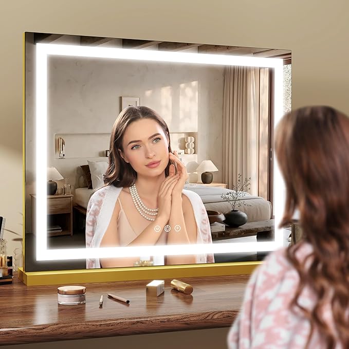ROLOVE Gold Vanity Mirror with Lights 23x18 Inch, 3-Color Dimmable LED & Touch