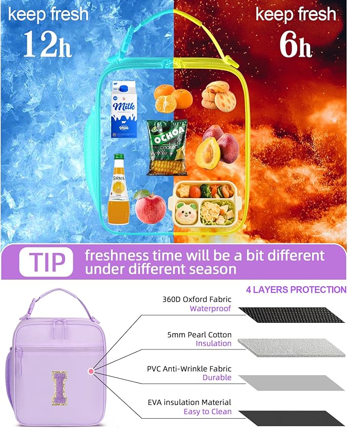 Initial Insulated Lunch Bag for Girls Kids, Back to School Gift, Reusable Leak-proof Lunch Box with Adjustable Strap for School Daycare Travel Picnic (Purple,I)