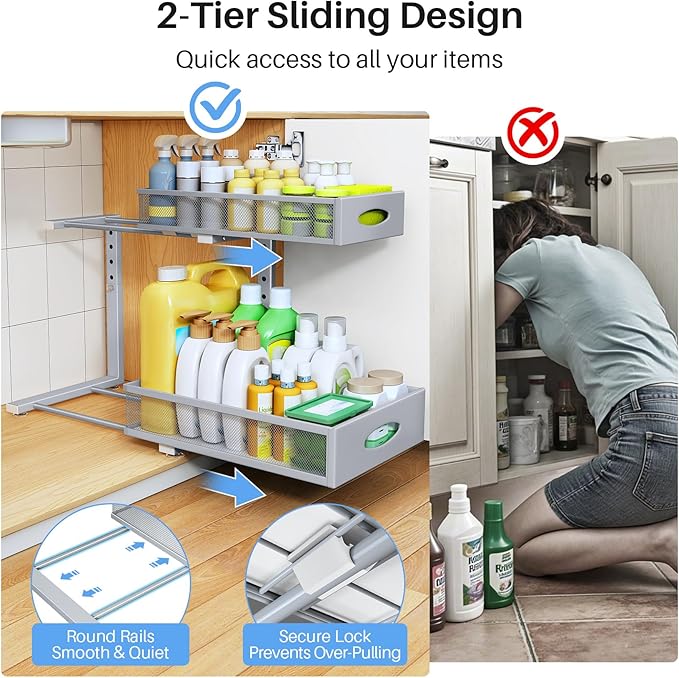 Under Sink Organizer, 2 Pack 2 Tier Pull Out Under Cabinet Organizer Shelf
