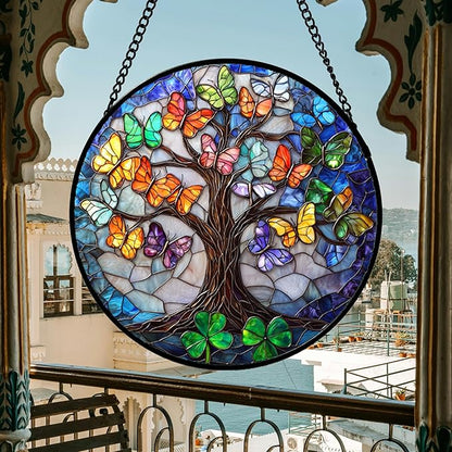 DASTOLL Stained Glass Window Hanging, Butterfly Tree Clover Sun Catchers Glass