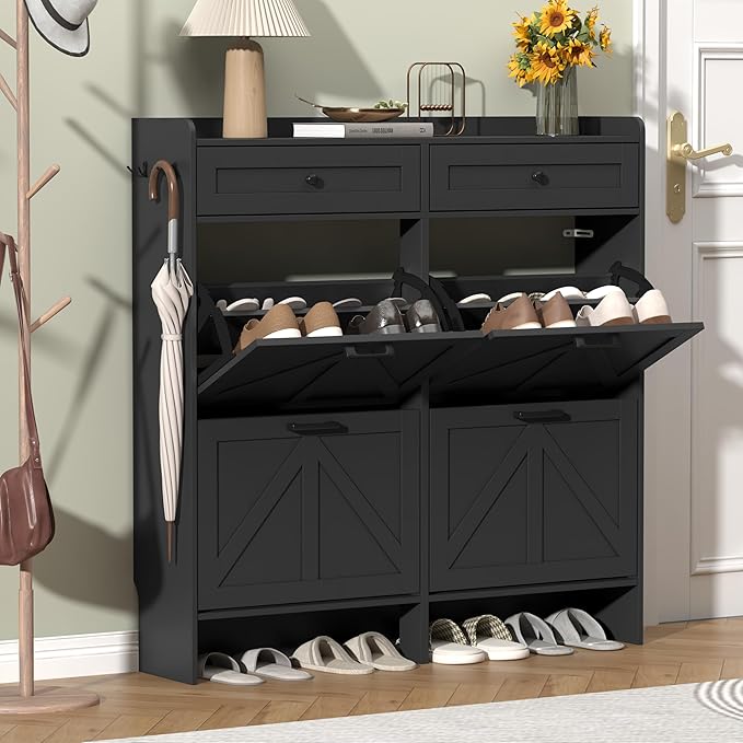 Shoe Cabinet with 4 Flip Drawers & 2 Storage Drawers, Rustic Farmhouse Narrow