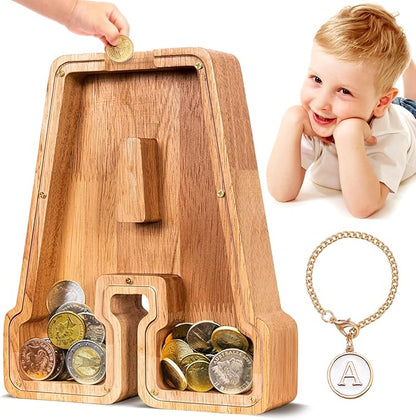 SummiDate Wooden Letter Piggy Bank for Kids| Piggy Bank for Boys Girls Toddler| Alphabet A Money Bank| Wood Coin Bank Personalized Birthday Easter Gifts for Kids (A)