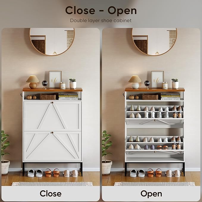 Shoe Storage Cabinet with 2 Flip-Up Doors, Freestanding Hidden Shoe Storage