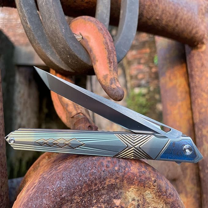 folding knife belt clip, M390 steel blade, outdoor camping knife, portable pocket knife titanium handle lightweight EDC men's pocket knife belt sheath