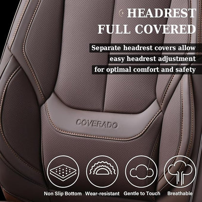 Coverado Front and Back Seat Covers, Waterproof Nappa Leather Auto Seat Protectors Full Set with Head Pillow, 5 Pieces Universal Car Accessories Fit for Most Sedans SUV Pick-up Truck, Brown