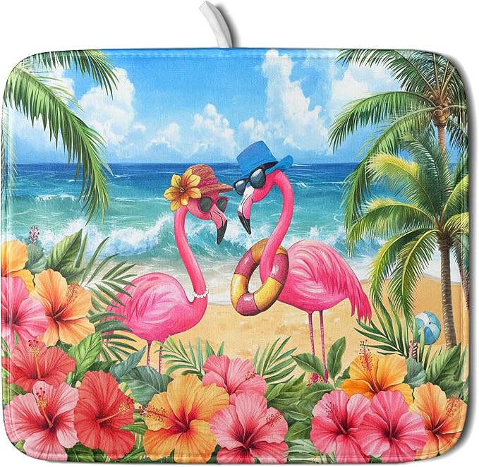 Summer Flamingos Dish Drying Mat 16x18 inch Tropical Beach Microfiber Washable