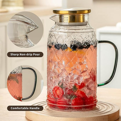 Buaic Glass Pitcher with Lid, 2 PACK 68 oz/2 Liter Vintage Water Pitcher
