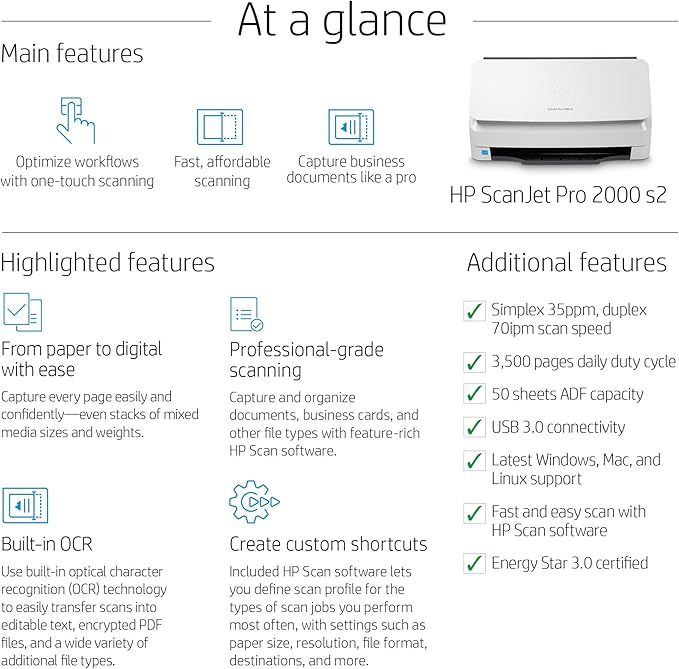 HP ScanJet Pro 2000 s2 35ppm USB 3.0 Color Duplex Scanner