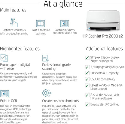 HP ScanJet Pro 2000 s2 35ppm USB 3.0 Color Duplex Scanner
