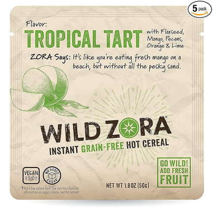 Wild Zora Instant Grain-Free Hot Cereal - Tasty Paleo Friendly Cereals, Instant Hot Meal, Breakfast to Go, Oatmeal Substitute, No Added Sugar, Grain, Dairy, or Soy, Gluten Free, Tropical Tart, 5-pack