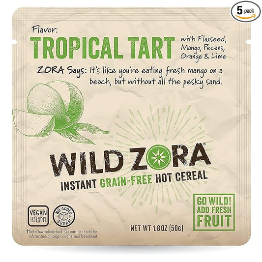 Wild Zora Instant Grain-Free Hot Cereal - Tasty Paleo Friendly Cereals, Instant Hot Meal, Breakfast to Go, Oatmeal Substitute, No Added Sugar, Grain, Dairy, or Soy, Gluten Free, Tropical Tart, 5-pack