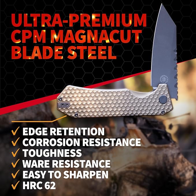 Off-Grid Knives - MAMBA V3, Large EDC Knife with MagnaCut Blade Steel, Titanium Scales and Hardware, Manual Ball Bearing Flipper, Four Finger Grip, Deep Pocket Carry (Coyote Gold)