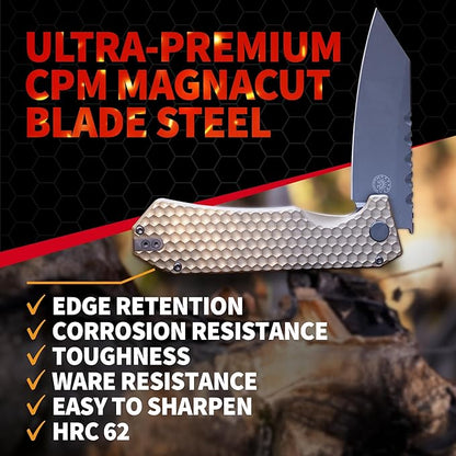 Off-Grid Knives - MAMBA V3, Large EDC Knife with MagnaCut Blade Steel, Titanium Scales and Hardware, Manual Ball Bearing Flipper, Four Finger Grip, Deep Pocket Carry (Coyote Gold)