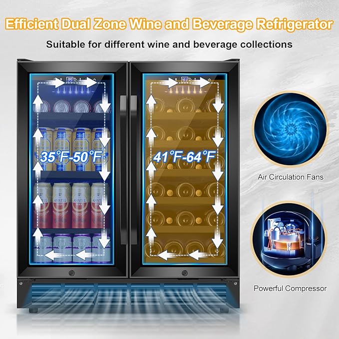 30 Inch Wine and Beverage Refrigerator Black- Dual Zone Beverage Fridge Under