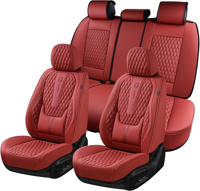 Coverado Car Seat Covers Full Set, Red Seat Covers for Car with Lumbar Support, Nappa Leather Seat Covers Waterproof Car Seat Protectors Universal Fit for Most Cars SUV Trucks