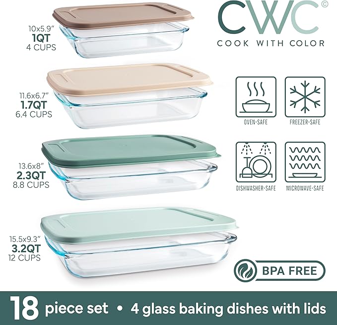 COOK WITH COLOR 8-Piece Deep Glass Baking Dish Set with Plastic Lids –