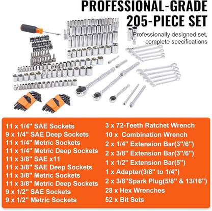 VEVOR Mechanics Tool Set, 1/4" 3/8" 1/2" Drive Deep and Standard Sockets