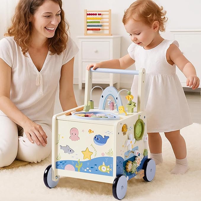 ROBOTIME Wooden Baby Walking Toy, Montessori Baby Walker Push Toy with Adjustable Height & Speed, Activity Center Baby Push Toy with Music, Fishing Game & Storage for Toddler 10M+ (Ocean World Theme)