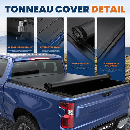 KUIPERAUTO 5.8FT Roll-Up Soft Vinyl Truck Bed Tonneau Cover Compatible for 2007-2024 Chevrolet Silverado/GMC Sierra 1500-69.6 Inch