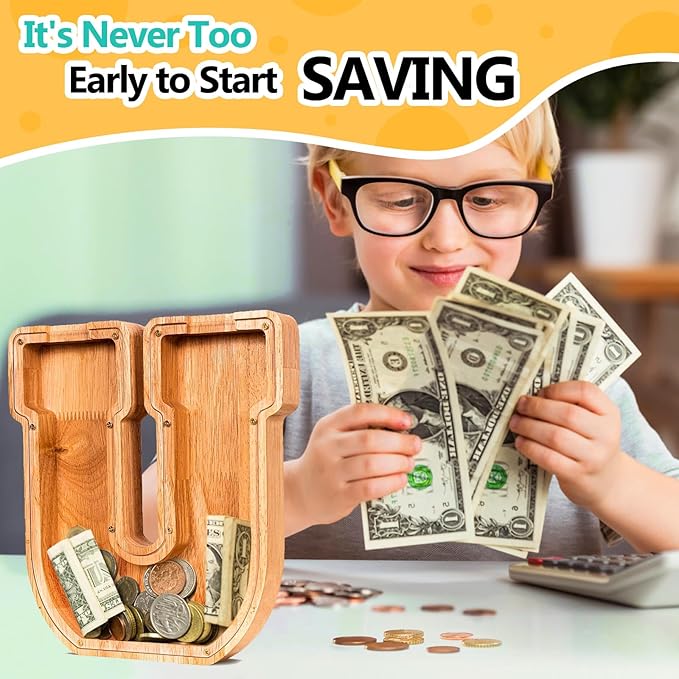 SummiDate Wooden Letter Piggy Bank| Piggy Bank for Boys Girls Toddler| Alphabet U Money Bank| Coin Bank Birthday Gift for Kids|Birthday Gift for Kids (U)