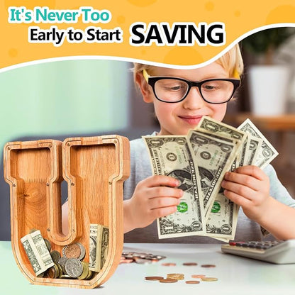 SummiDate Wooden Letter Piggy Bank| Piggy Bank for Boys Girls Toddler| Alphabet U Money Bank| Coin Bank Birthday Gift for Kids|Birthday Gift for Kids (U)