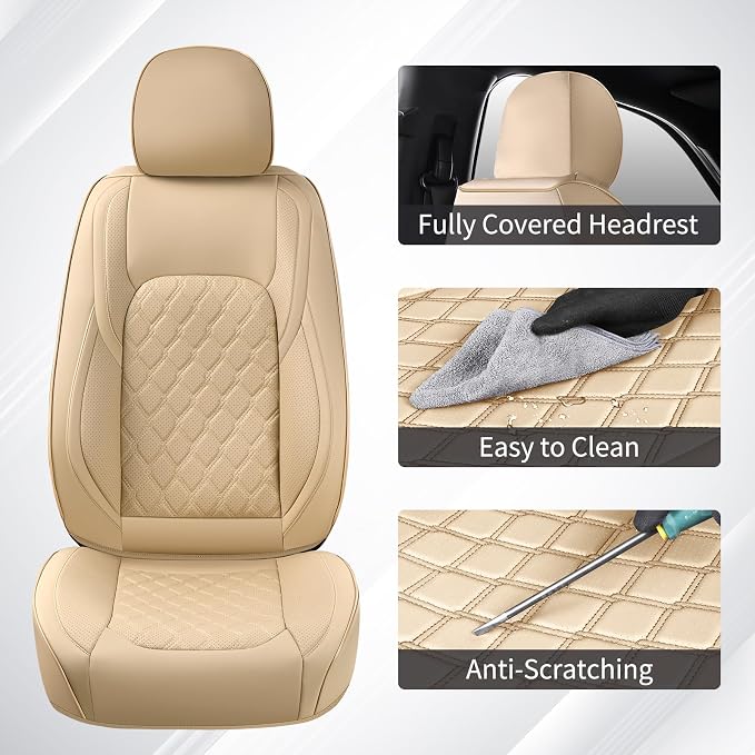 Huidasource F150 F250 F350 Front&Rear Leather Seat Covers Fit for 2015-2025 Ford F150 SuperCrew & 2017-2025 F250 F350 F450 Super Duty Crew Cab XL XLT Lariat King Ranch Platinum(Full Set/Beige)