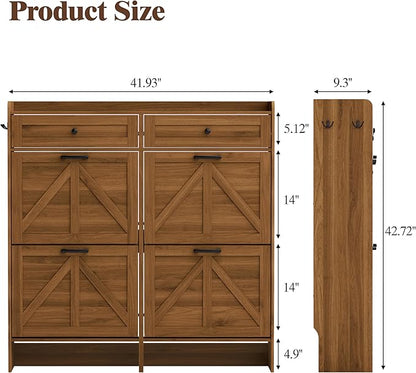 Shoe Cabinet with 4 Flip Drawers & 2 Storage Drawers, Rustic Farmhouse Narrow