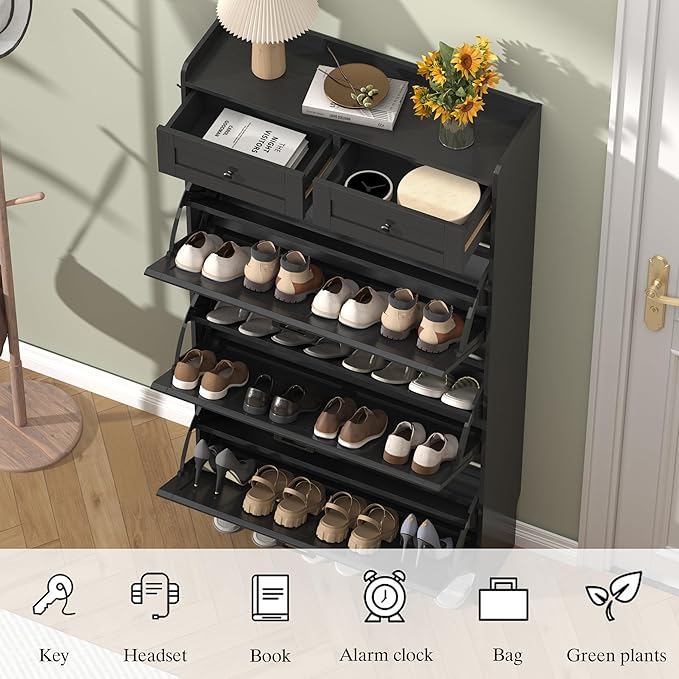 Shoe Cabinet with 3 Flip Drawers & 2 Storage Drawers, Rustic Farmhouse Narrow