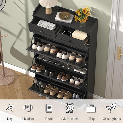 Shoe Cabinet with 3 Flip Drawers & 2 Storage Drawers, Rustic Farmhouse Narrow