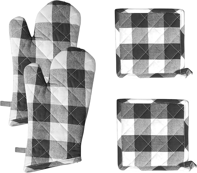 Native Fab Buffalo Plaid Check Oven Mitts and Pot Holders Set of 4, 100% Cotton
