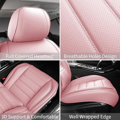 Pink Car Seat Covers Full Set, Universal Faux Leather Seat Covers for Cars 5 Seats, Waterproof Leather Car Seat Covers, Comfortable Automotive Seat Covers for Most Sedans Trucks SUVs