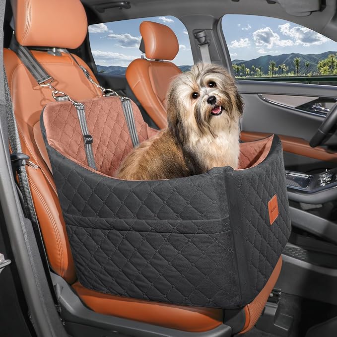Dog Car Seat for Small/Medium Dogs, Memory Foam Dog Booster Seat, Travel Safety Pet Car Seat with Washable Removable Cover, Storage Pockets for Dogs up to 35 lbs((Black/Brown, Medium)