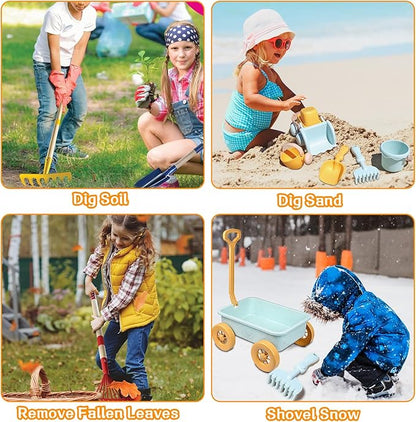 Mostop Kids Gardening Tools Set, Gardening Set for Kids, Outdoor Backyard Farm Digging Toys with Wheelbarrow, Metal Shovel, Rake, Leaf Rake, Outside Garden Wagon Toys Birthday Gifts for Boys Girls 4-8