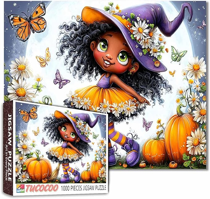 Cute Witch 1000 Piece Puzzle for Adults Pumpkins Butterflies and Flowers Jigsaw Vibrant Halloween Whimsical Fall Puzzles Challenging Aesthetic Fantasy Puzzle Home Decor 27x20 Inch