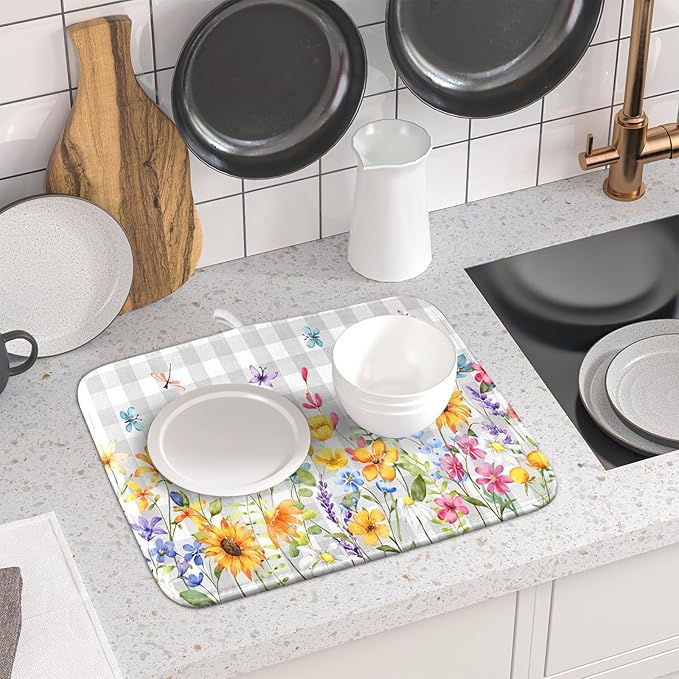 Giwawa Spring Floral Dish Drying Mat, Summer Flower Grey Buffalo Plaids Dish