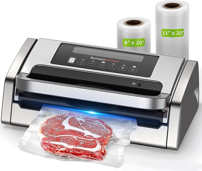 Bonsenkitchen Vacuum Sealer Machine, Powerful Low-Noise Food Vacuum Sealer, Globefish Technology for High-Speed Continuous Working (Full Silver)