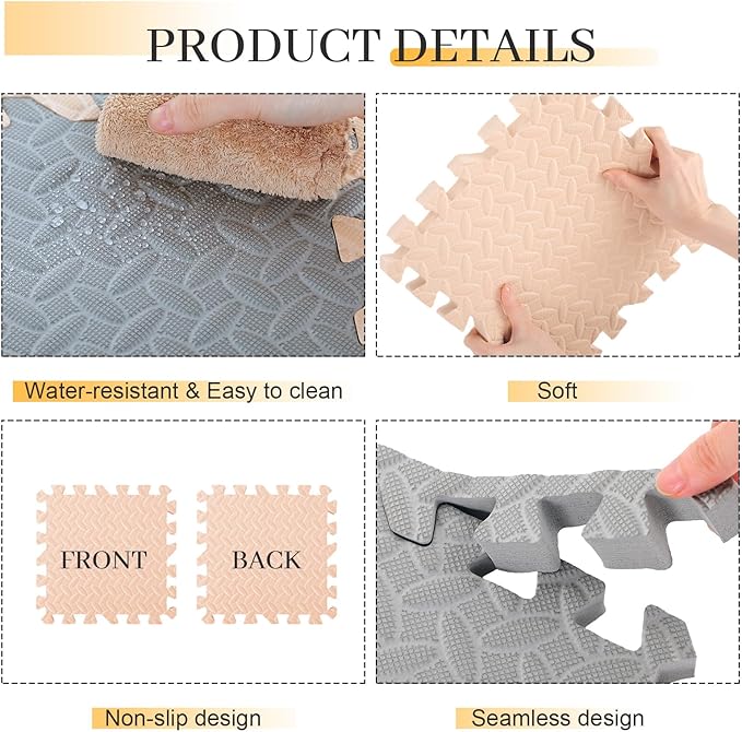 12x12x1 Inch EVA Thick Interlocking Foam Floor Tiles Puzzle Exercise Mat Play Foam Mats for Boys Girls Baby Pets Home Classroom Nursery Gym (Beige, Grey, White)