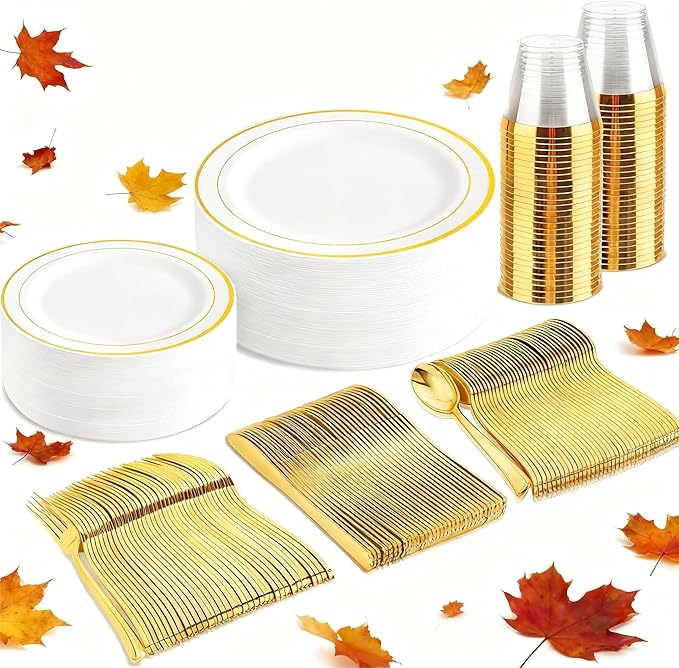 bUCLA 150PCS Gold Plastic Dinnerware Set Disposable - Heavy Duty Gold Plates Include 25 Dinner & 25 Dessert Plates,25 Forks,25 Knives,25 Spoons&25 Cups for Party&Thanksgiving Table Decor