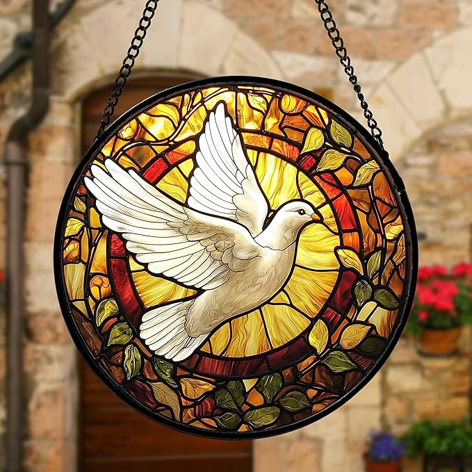DASTOLL Stained Glass Window Hanging, Flying White Dove Sun Catchers Diamond