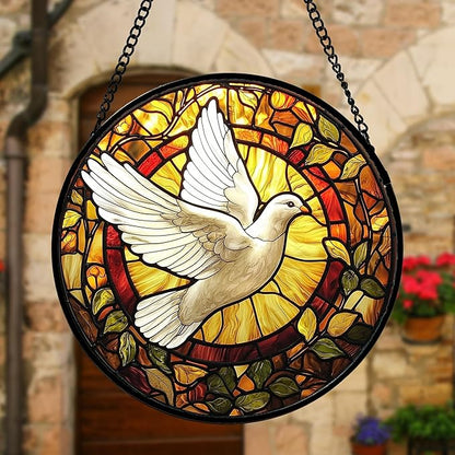 DASTOLL Stained Glass Window Hanging, Flying White Dove Sun Catchers Diamond