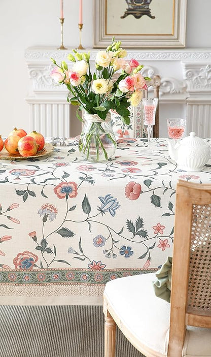 ISAENNE Designer Chinoiserie Linen Floral Long Tablecloth Rectangle,White Wrinkle Resistant Table Cloth,Elegant Decor Tablecloths for Dining Thanksgiving Kitchen Party Christmas,63"*102"-Daffy